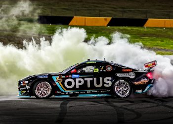 Chaz Mostert celebrates victory in Race 15 of the Repco Supercars Championship at Sydney Motorsport Park.