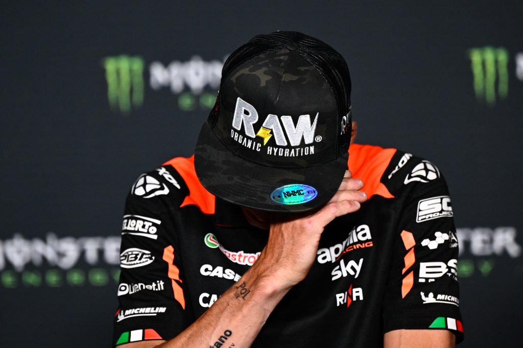 Aleix Espargaro became emotional during the press conference in which he announced his retirement. Image: Supplied