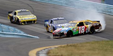 Kyle Busch spins off the nose of Brad Keselowski with Marcos Ambrose in tow.