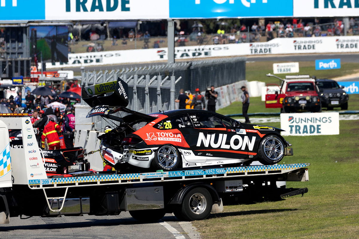 The aftermath of Scott Pye's collision with the pit wall at Wanneroo Raceway. Picture: Ross Gibb