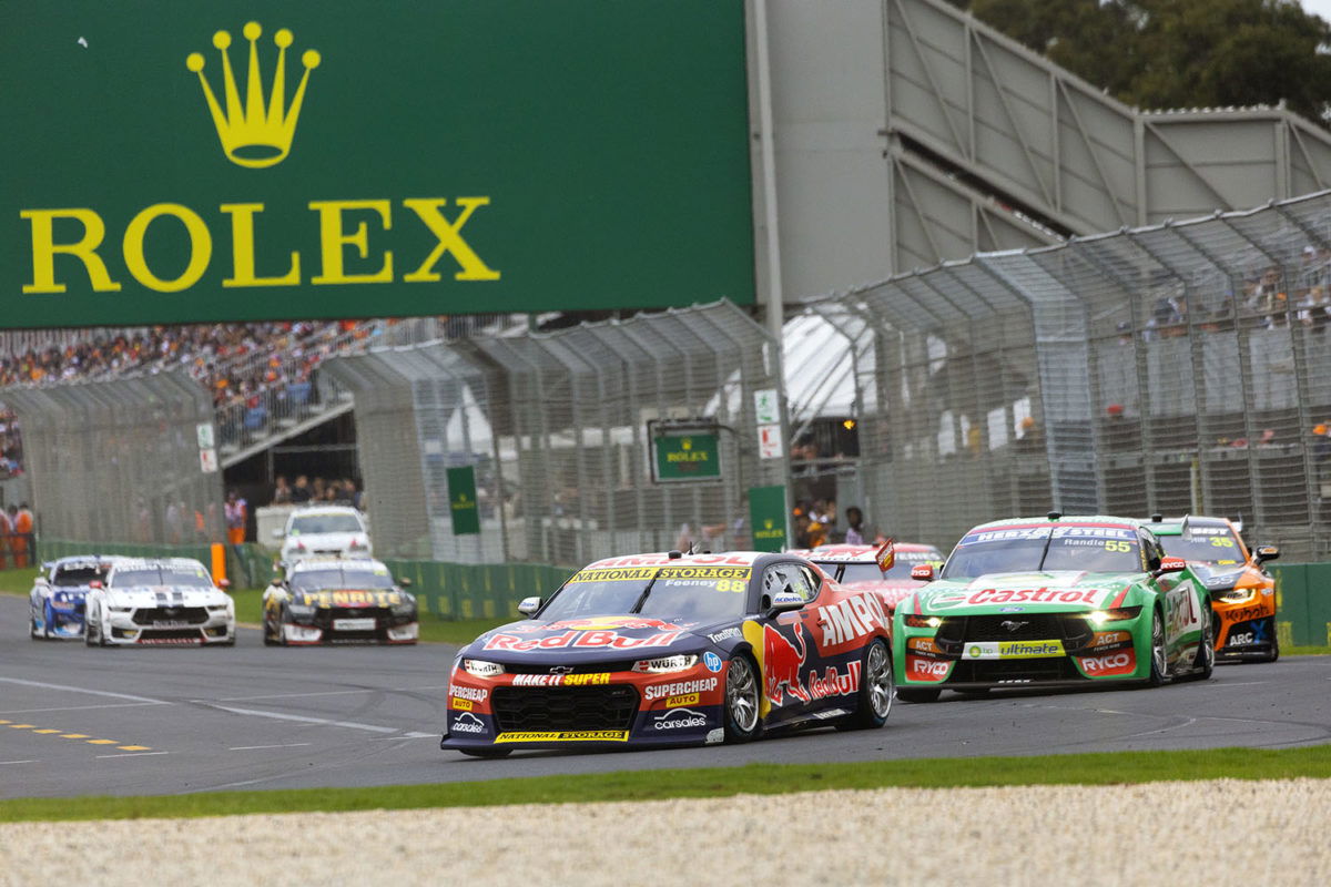 Rolling start for Supercars Race 6 after Mustang fires