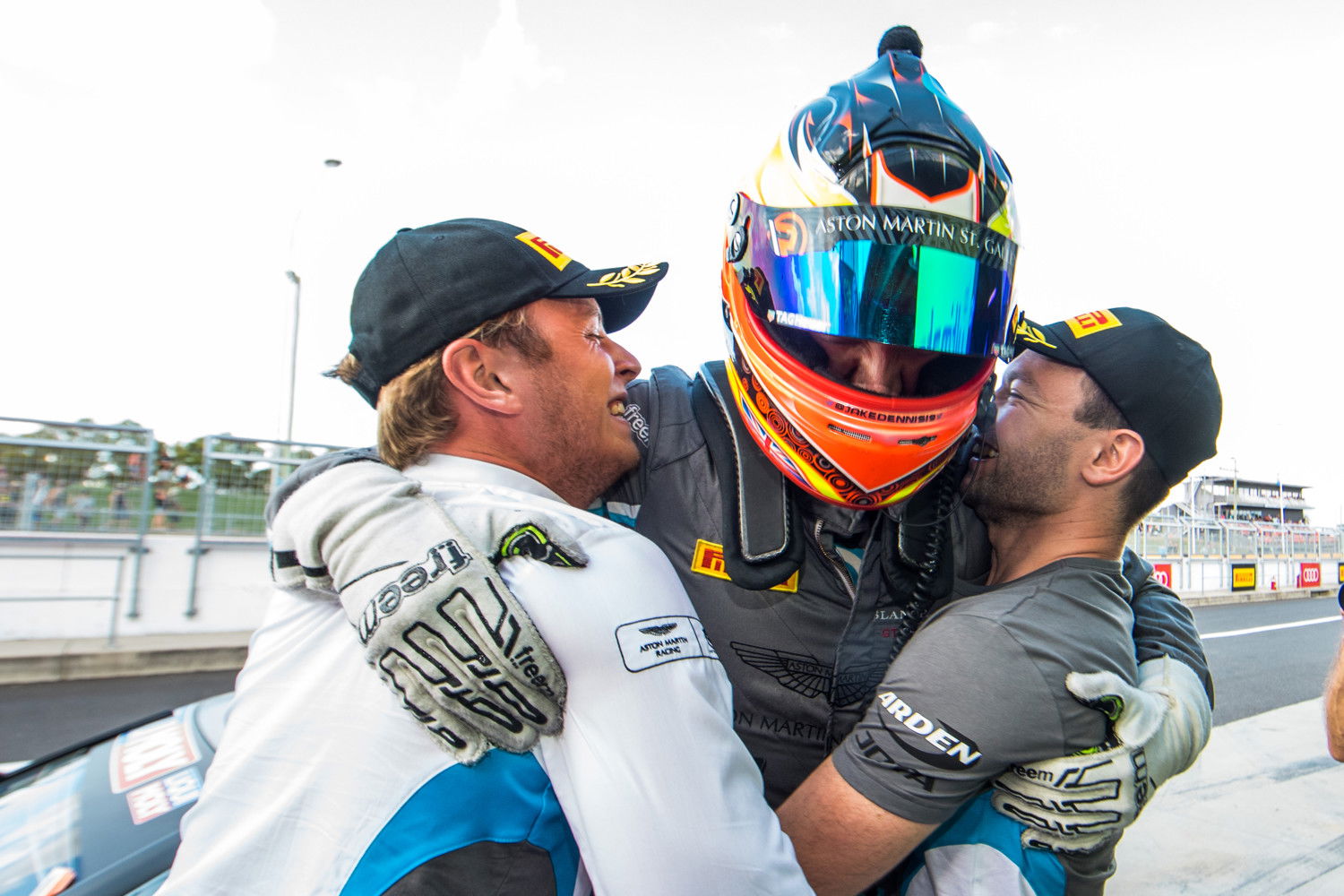 An ecstatic Jake Dennis celebrates with co-drivers Marvin Kirchhöfer and Matthieu Vaxiviere