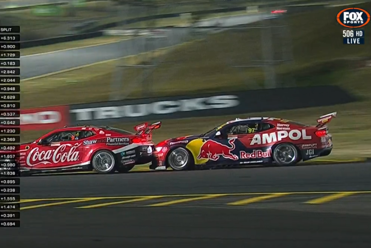 Shane van Gisbergen was penalised for this bump-and-run at Sydney Motorsport Park in July 2023. Image: Fox Sports