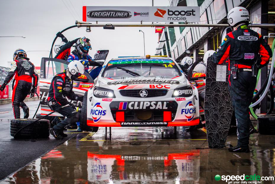Tim Slade jumps out of the  Freightliner Racing Commodore pic: BJR Facebook Daniel Kalisz