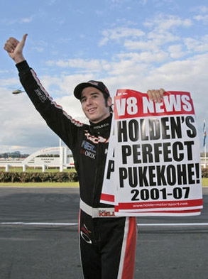 Rick Kelly celebrates victory in V8 Supercars' last race at Pukekohe