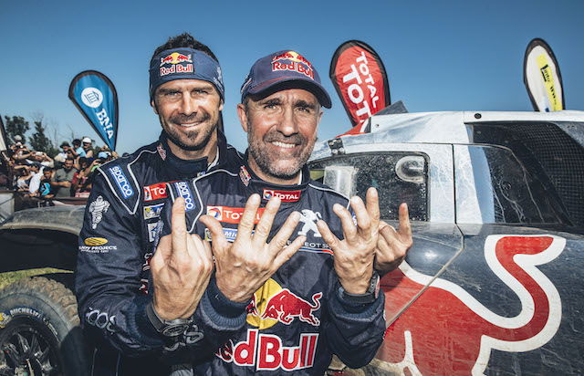 Stephane Peterhansel (FRA)  and Cyril Despres (FRA) from Team Peugeot Total  at the finish line of stage 13 of Rally Dakar 2016 from Villa Carlos Paz to Rosario, Argentina on January 16, 2016.