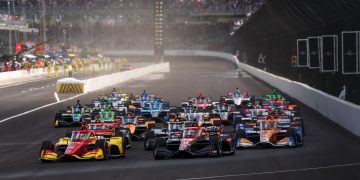 The start of the Indianapolis Grand Prix at the Indianapolis Motor Speedway road course.