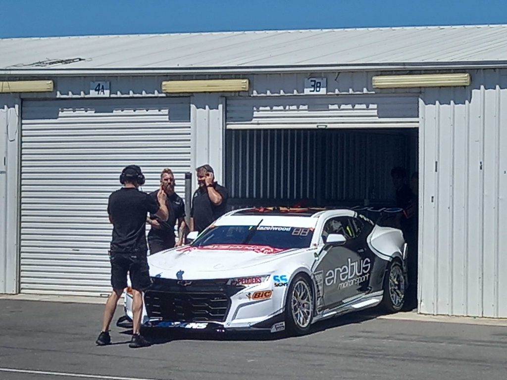 The #1 Erebus Motorsport Chevrolet Camaro with Todd Hazelwood's name on the windscreen, minutes before it entered the track for its shakedown