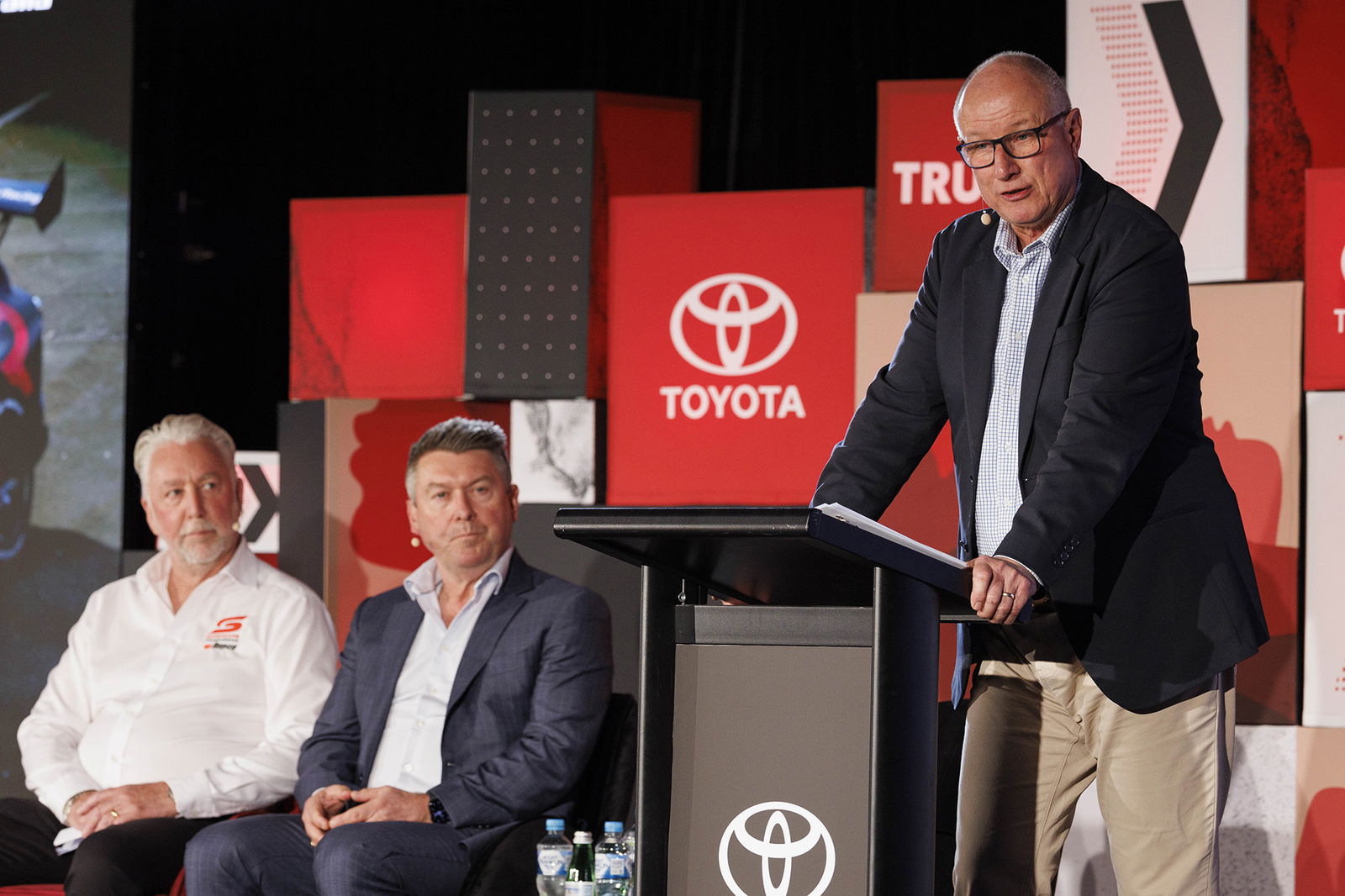 Sean Hanley (right), Toyota Australia vice president sales, marketing and franchise operations, speaks to media.