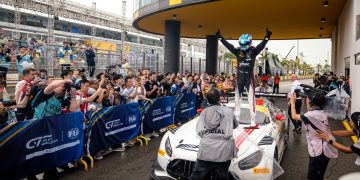 Maro Engel celebrates winning the FIA GT World Cup at the 71st Macau Grand Prix.