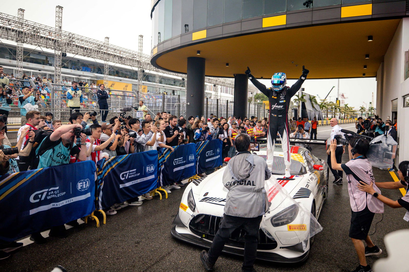 Maro Engel celebrates winning the FIA GT World Cup at the 71st Macau Grand Prix.