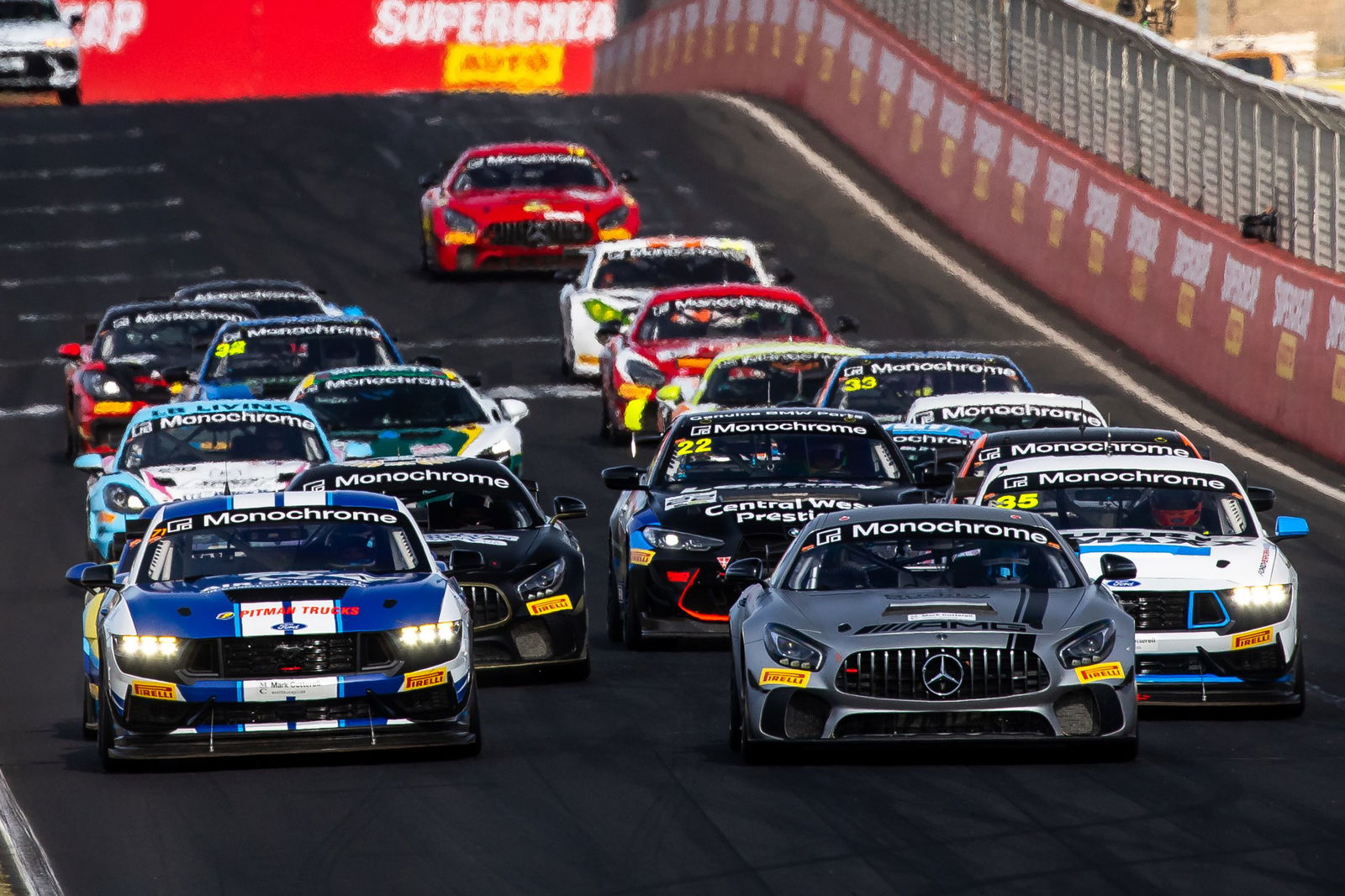 The start of the Monochrome GT4 Australia race at Mount Panorama.