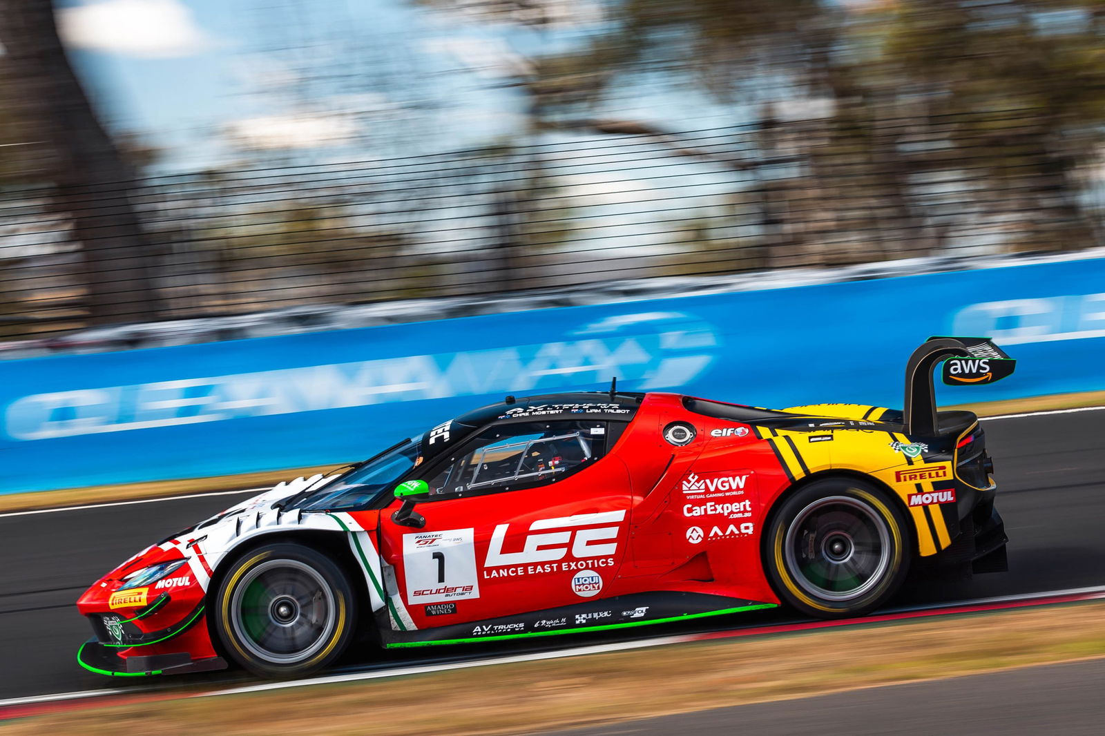 The #1 Arise Racing Ferrari 296 of Chaz Mostert and Liam Talbot at Mount Panorama. 