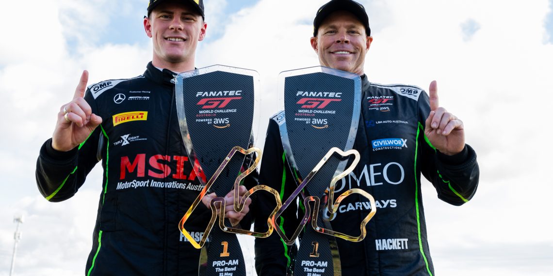 Declan Fraser (left) with Peter Hackett at The Bend Motorsport Park after winning the first Fanatec GT World Challenge Australia Powered by AWS race.