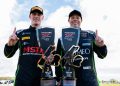 Declan Fraser (left) with Peter Hackett at The Bend Motorsport Park after winning the first Fanatec GT World Challenge Australia Powered by AWS race.