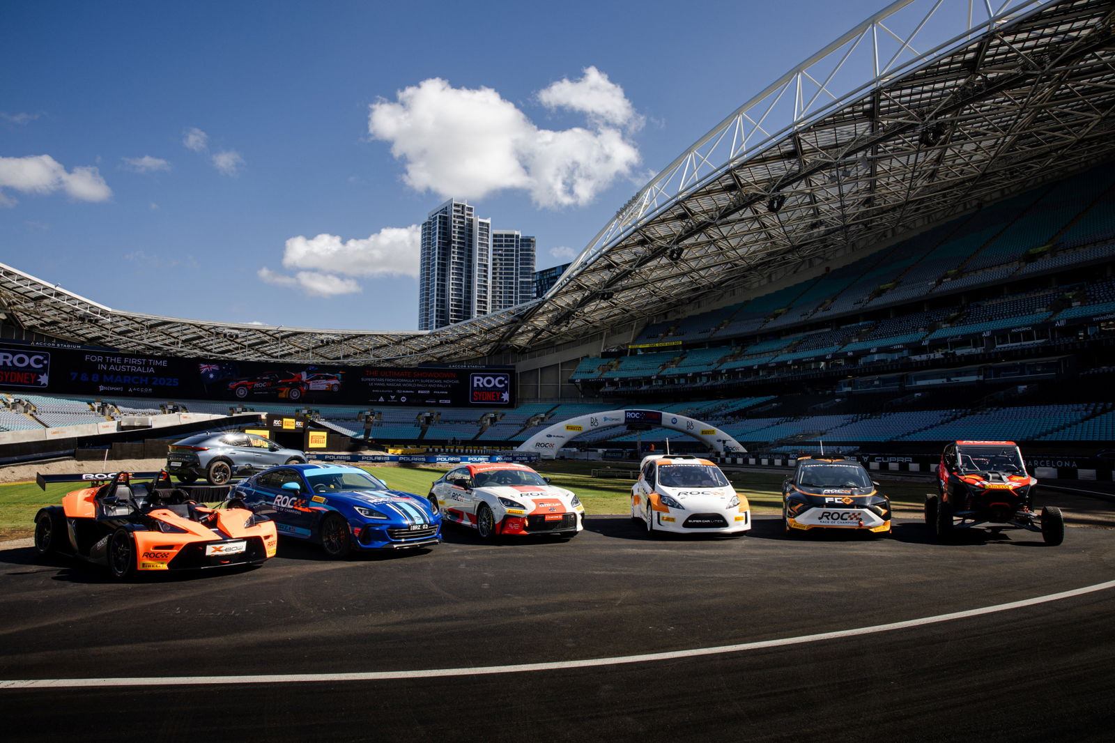 The line-up of cars for Race of Champions (pictured from left) featuring the KTM X-Bow, Subaru BRZ, Toyota 86, Supercar Lite, RC2 Rallycross, and Polaris RZR Pro R.