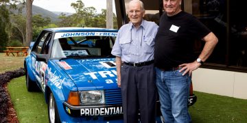 The late John French (left) with Dick Johnson and the 1981 Bathurst 1000-winning 'Tru-Blu' Ford XD Falcon.