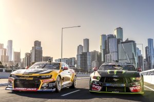 Anton De Pasquale and Cameron Waters drive their Supercars across the unopened Melbourne West Gate Tunnel Project.