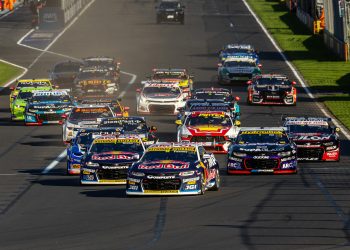 The start of Race 4 of the Repco Supercars Championship at the MSS Security Melbourne SuperSprint.