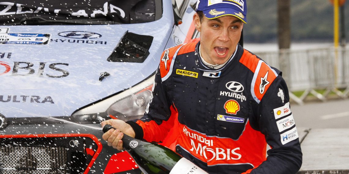 Hayden Paddon celebrates winning the 2019 Rally of Argentina.