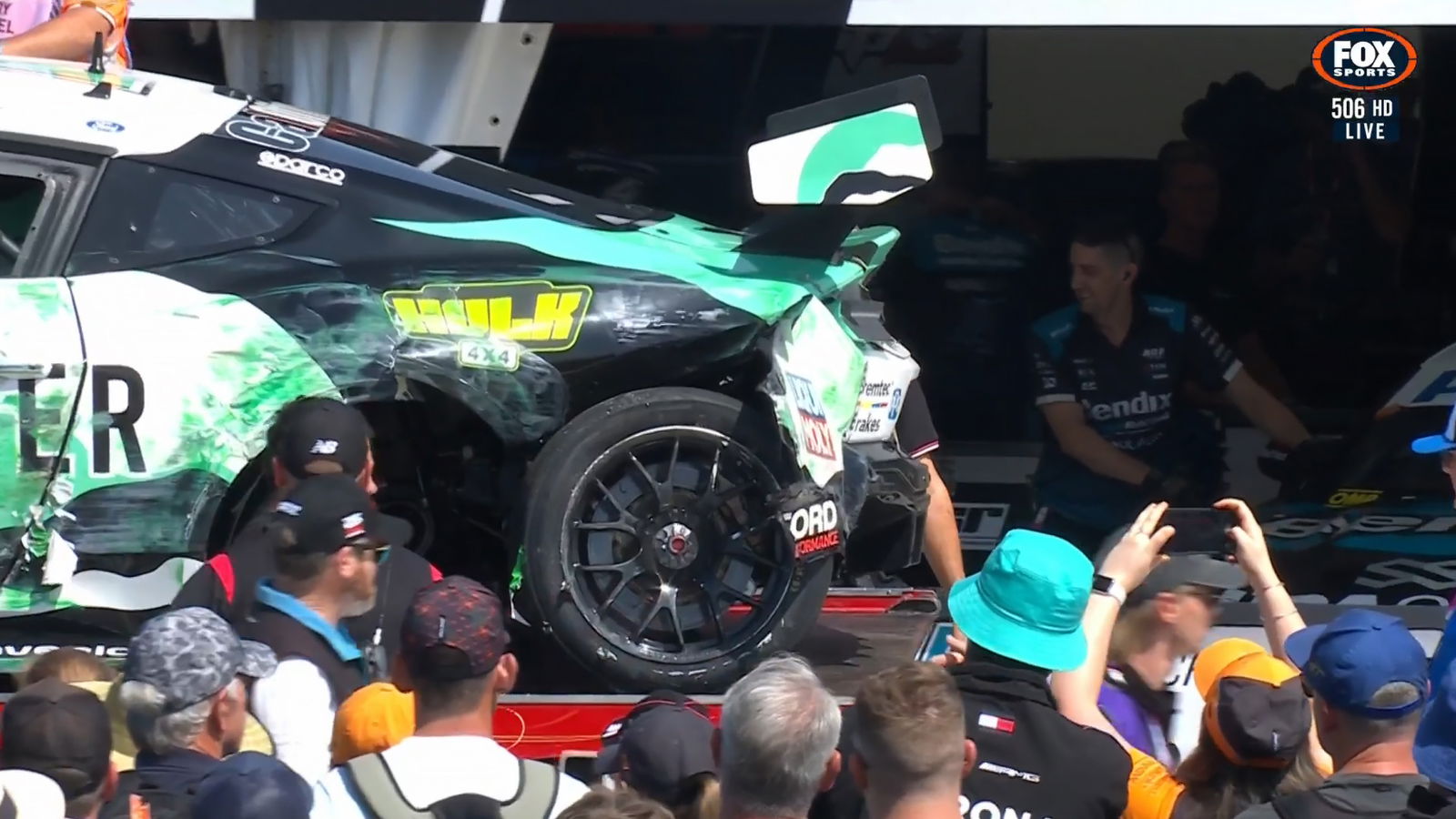 James Courtney's damaged #7 Blanchard Racing Team Ford Mustang.