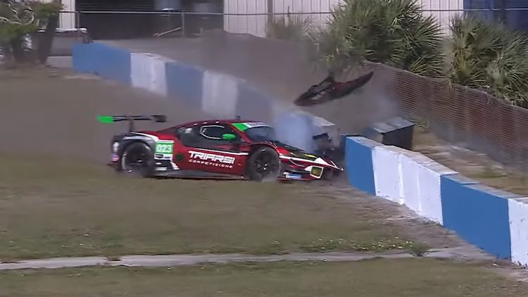 The Triarsi Competizione Ferrari 296 crashed at the 55-minute mark during the 2025 Twelve Hours of Sebring. Image: IMSA