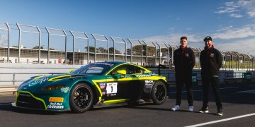 Declan Fraser and Liam Talbot with their Volante Rosso Motorsport Aston Martin Vantage.