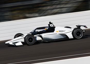 An IndyCar tests at Indianapolis Motor Speedway.