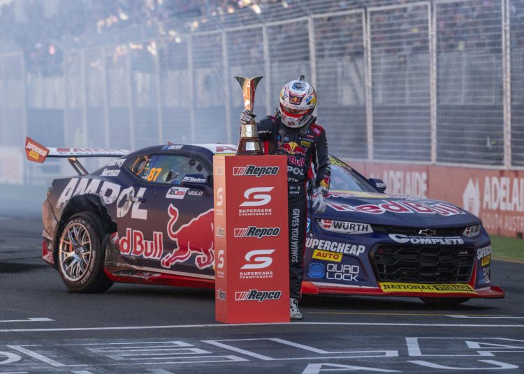 Will Brown celebrates his 2024 title at the Adelaide 500.