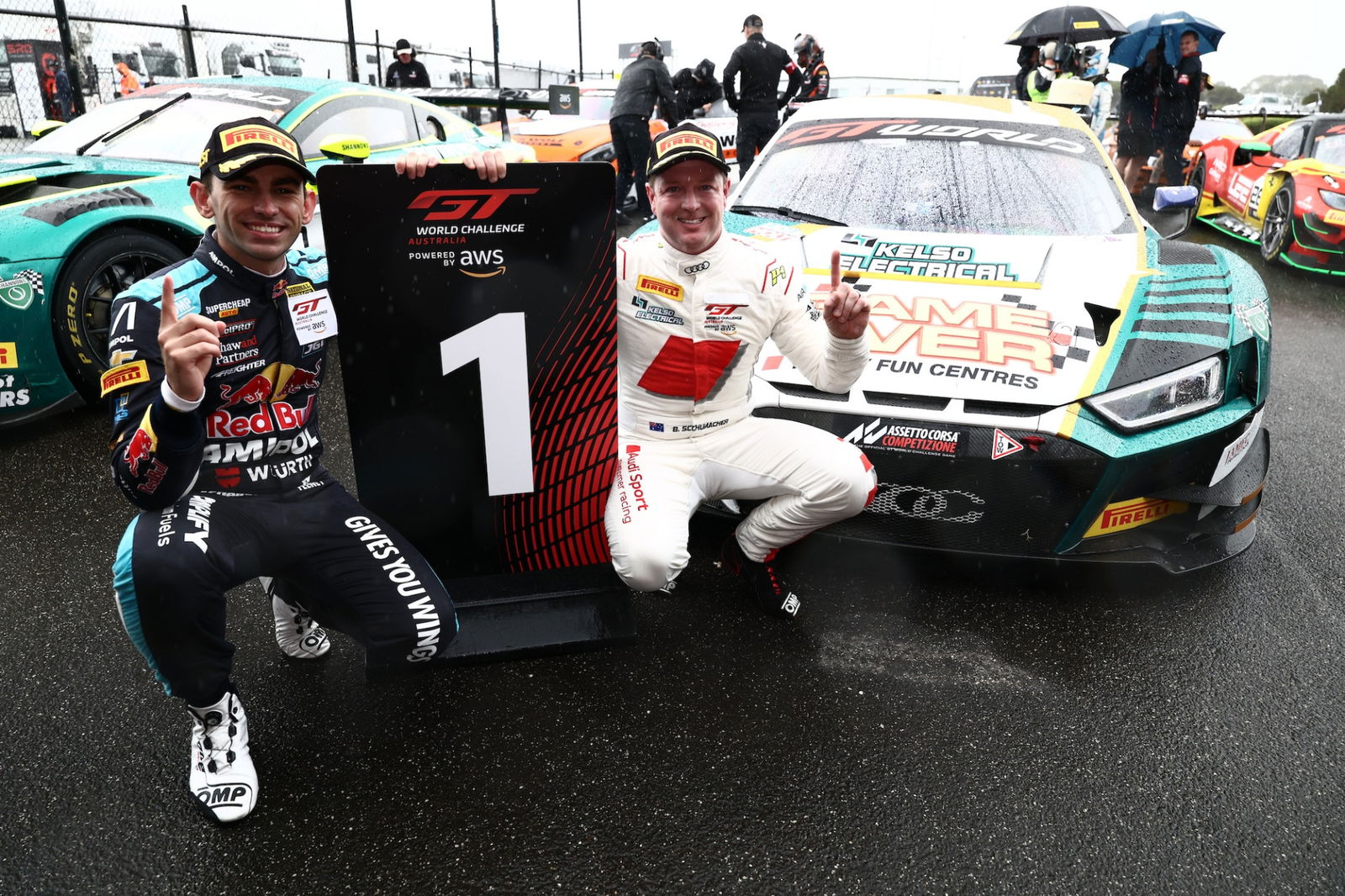 Broc Feeney and Brad Schumacher celebrate winning Sunday's GT World Challenge Australia race.