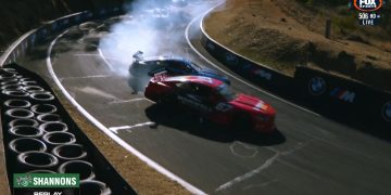 James Moffat collided with Nash Morris during the first Trico Trans Am Series race at Mount Panorama.