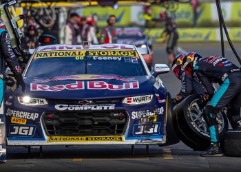 Broc Feeney's Red Bull Ampol Racing Chevrolet Camaro during a pit stop at the Taupo Super440.