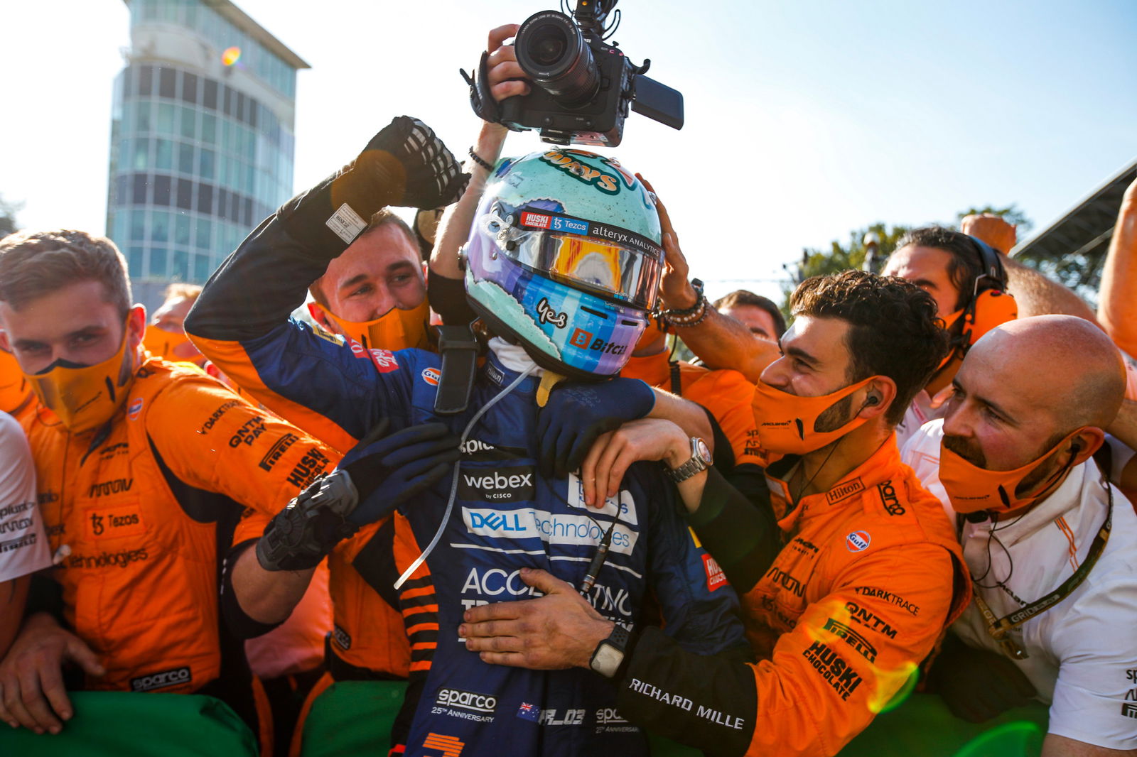 Daniel Ricciardo celebrates winning the Italian Grand Prix with McLaren. 