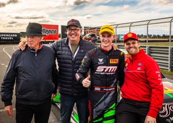 Nash Morris celebrates with father Paul, grandfather Terry and friend Brodie Kostecki. Image: Matt Christie / Network R