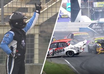 Jude Bargwanna, left, and the crash scene, right. Image: Fox Sports