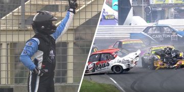 Jude Bargwanna, left, and the crash scene, right. Image: Fox Sports