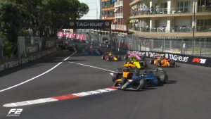 The multi-car crash in the FIA Formula 2 Championship feature race at the 2025 Formula 1 Monaco Grand Prix. Image: FOM