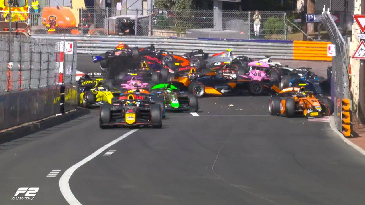 First turn Formula 2 crash jams Monaco streets