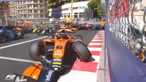 The multi-car crash in the FIA Formula 2 Championship feature race at the 2025 Formula 1 Monaco Grand Prix. Image: FOM