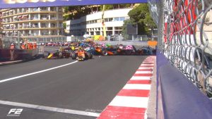 The multi-car crash in the FIA Formula 2 Championship feature race at the 2025 Formula 1 Monaco Grand Prix. Image: FOM