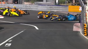 The multi-car crash in the FIA Formula 2 Championship feature race at the 2025 Formula 1 Monaco Grand Prix. Image: FOM