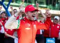 Robert Shwartzman celebrates taking pole position for the 109th Indianapolis 500.