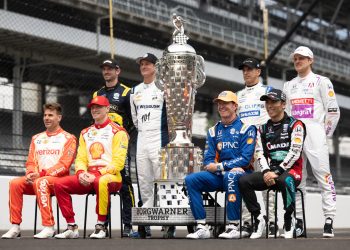 The eight previous winners of the Indianapolis 500 with the Borg-Warner Trophy.