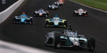 Indy cars on track at the Indianapolis 500.