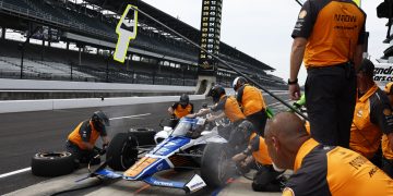 McLaren completes a pit stop on the #17 Kyle Larson entry.