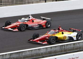 Will Power and Josef Newgarden during practice at the 109th Indianapolis 500.