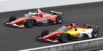 Will Power and Josef Newgarden during practice at the 109th Indianapolis 500.