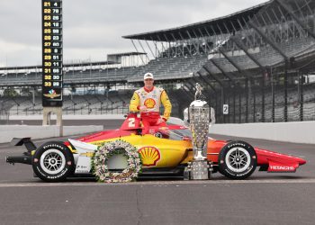 Josef Newgarden with his 2024 Indianapolis 500 race-winning car.