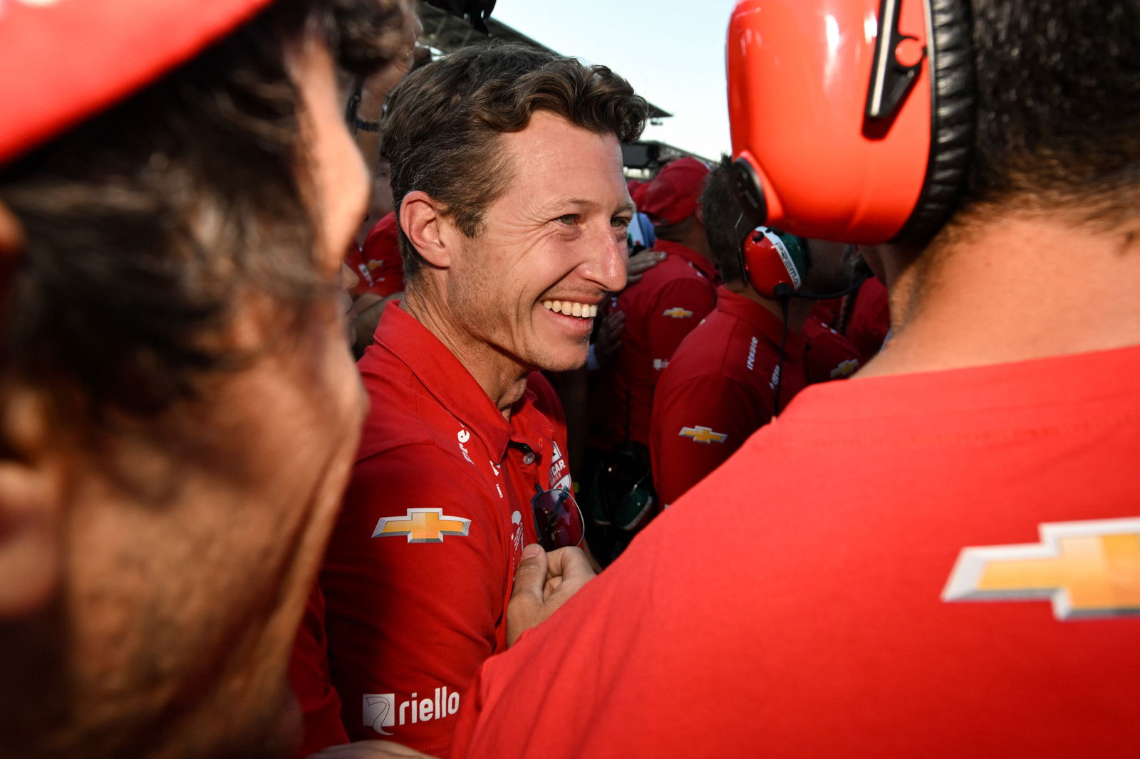 Ryan Briscoe celebrates with Prema Racing after Robert Shwartzman took pole position for the 2025 Indianapolis 500.