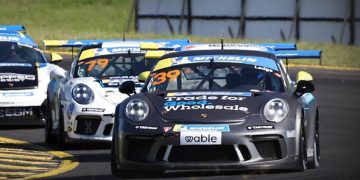James Lodge and Ryan Casha fight for second which turned out to be for the race win. Image: PCA